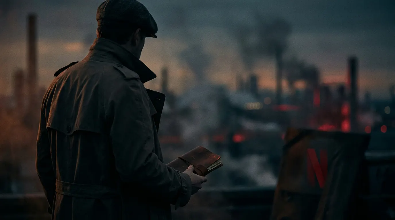 Composição cinematográfica com elementos visuais dos melhores filmes da Netflix em 2026, incluindo boné de Tommy Shelby e elementos de ficção científica militar