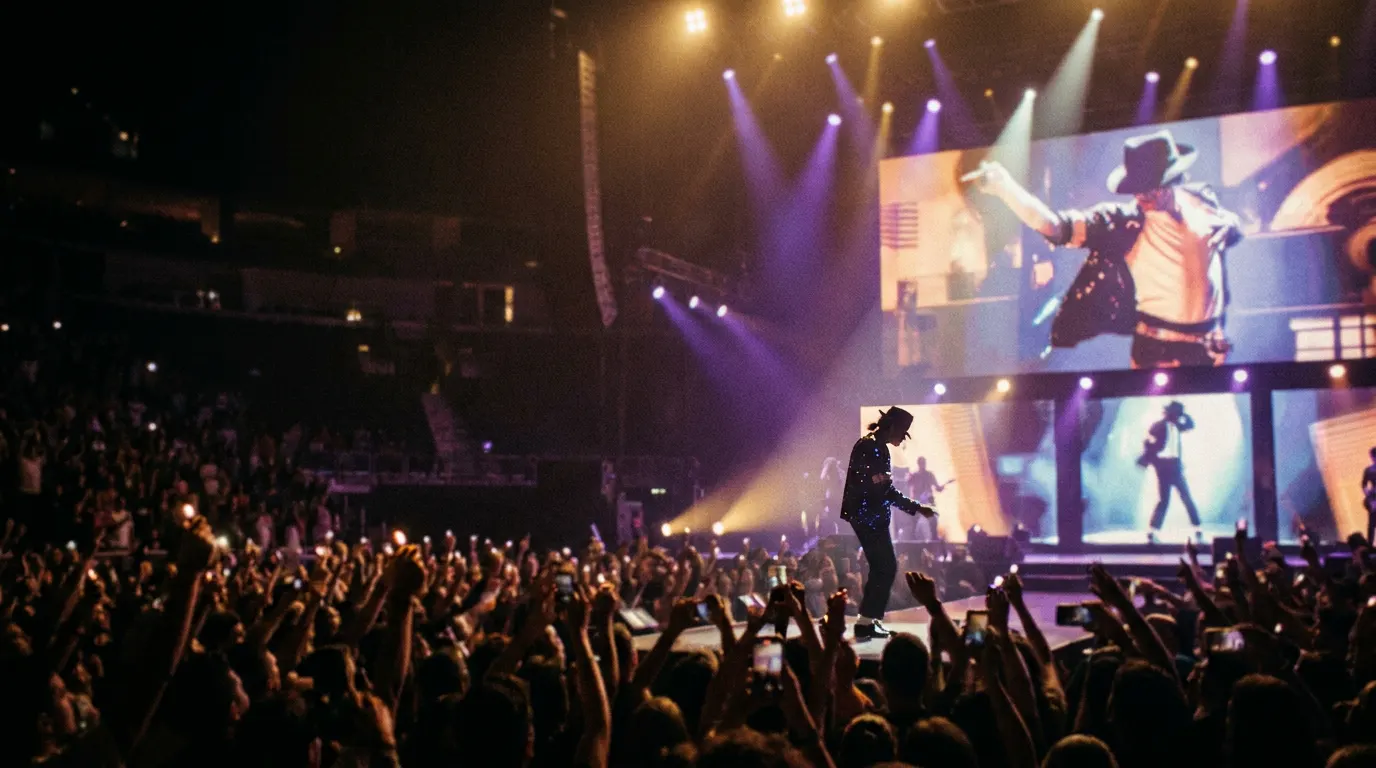 Fila de espectadores em frente a um cinema iluminado na estreia de uma cinebiografia histórica