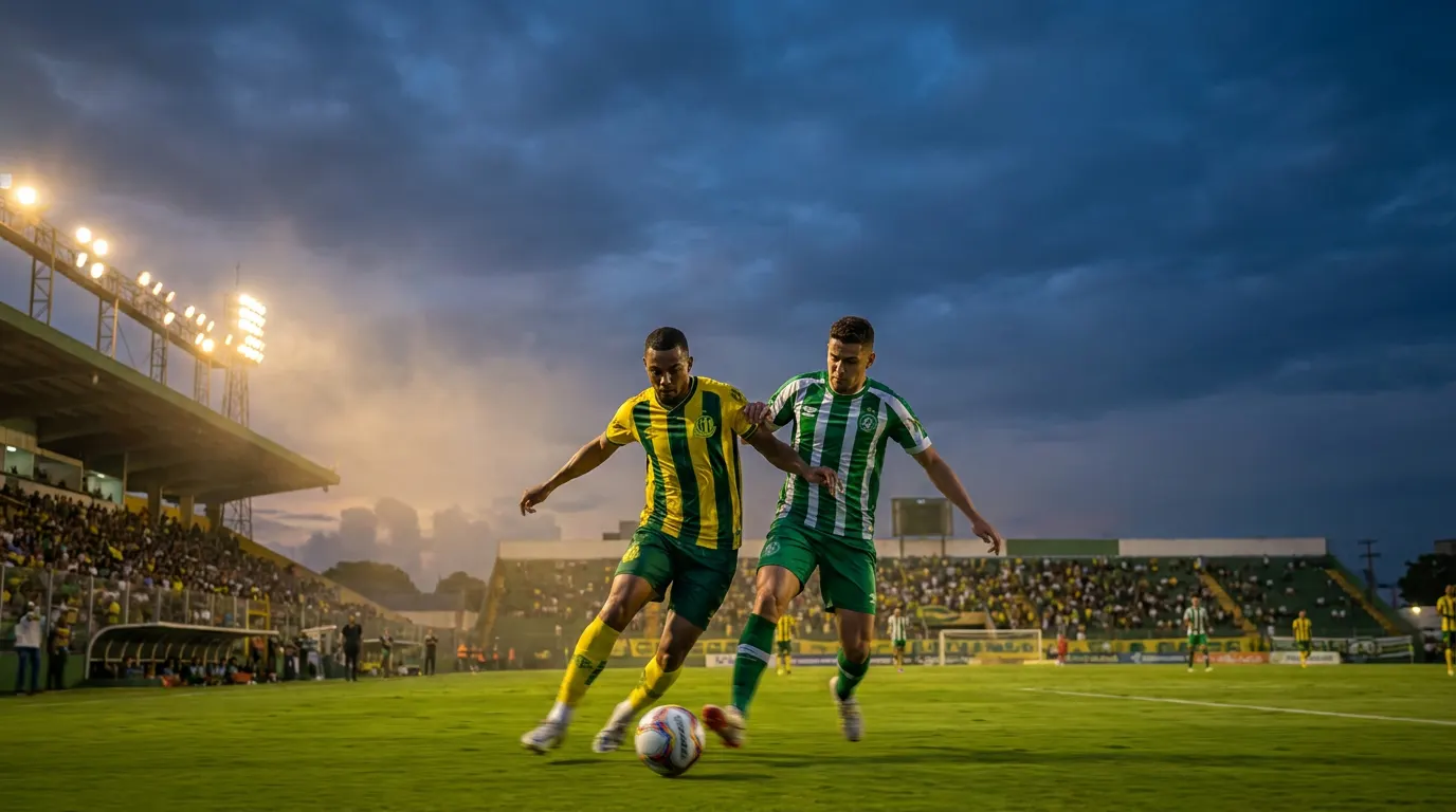 Duelo aéreo entre jogadores de Mirassol e Chapecoense no Estádio Campos Maia pela 15ª rodada do Brasileirão 2026