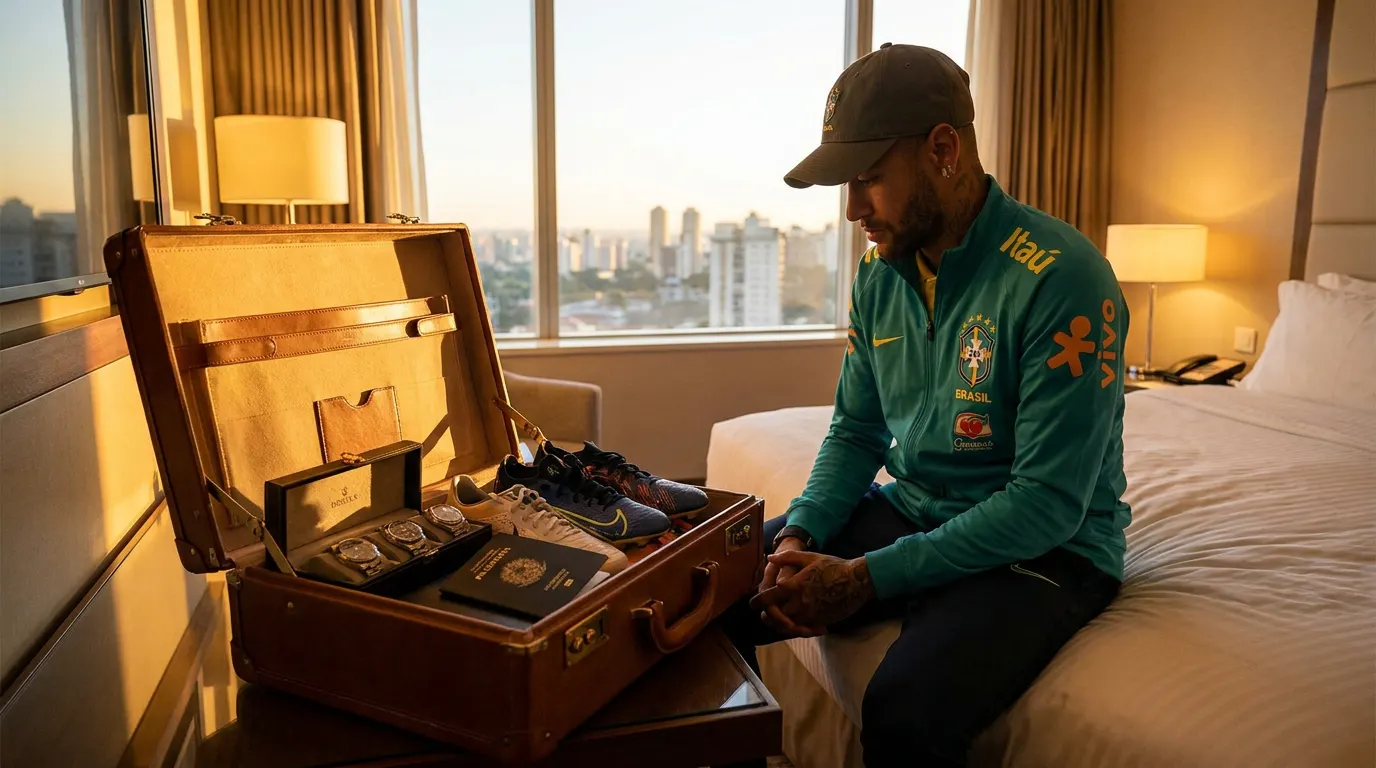 Neymar com mala de viagem enxuta com a camisa da Seleção Brasileira antes da Copa do Mundo 2026