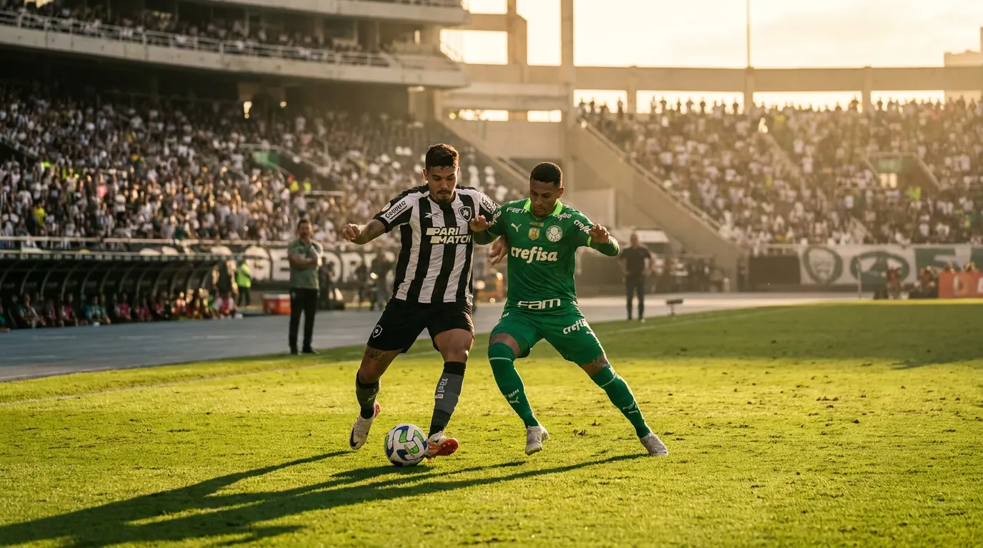 Duelo aéreo entre jogadores de Botafogo e Palmeiras no Estádio Nilton Santos pela 26ª rodada do Brasileirão 2026