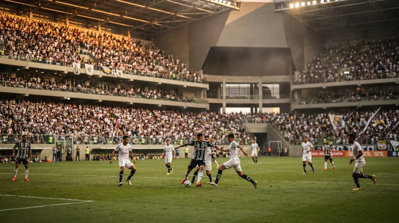 Gabriel Barbosa (Gabigol) do Santos disputa lance contra a defesa do Atlético-MG na Arena MRV pelo Brasileirão 2026