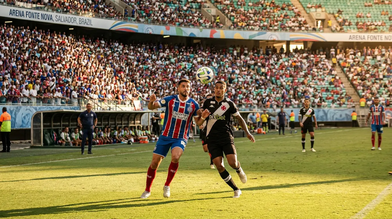 Luciano Juba pelo Bahia disputa bola na Arena Fonte Nova na 22ª rodada do Brasileirão 2026