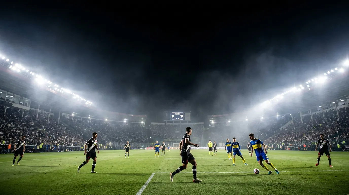 Jogadores do Vasco e Boca Juniors entrando em campo na La Bombonera pela semifinal da Copa Sul-Americana 2026