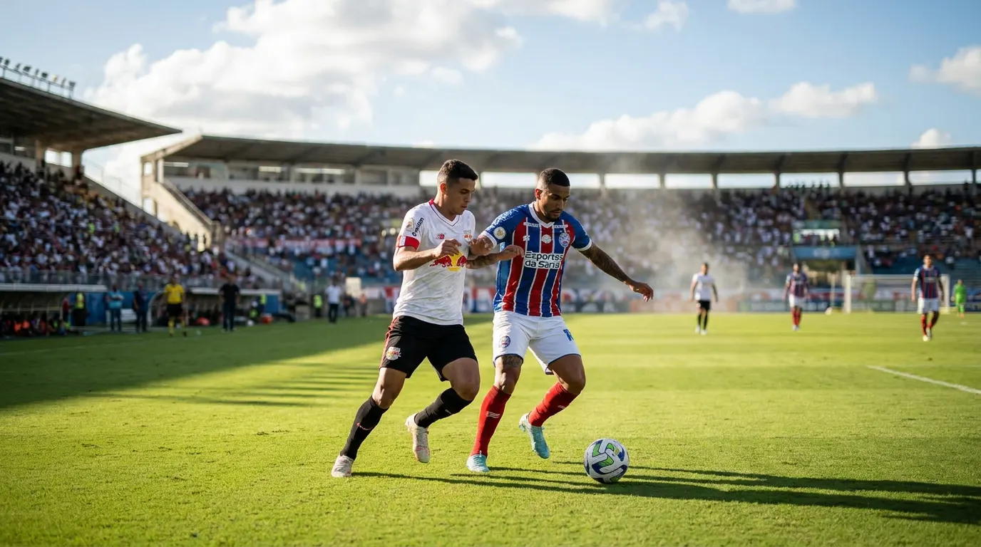 Duelo entre jogadores de Bragantino e Bahia no Estádio Cícero de Souza Marques pela 26ª rodada do Brasileirão 2026