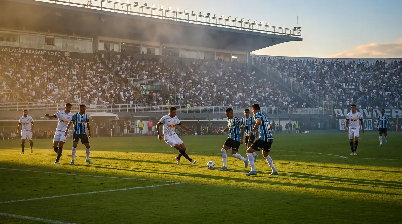 Carlos Vinícius do Grêmio disputa bola com defensor do Bragantino no Estádio Cícero de Souza Marques pela 24ª rodada do Brasileirão 2026