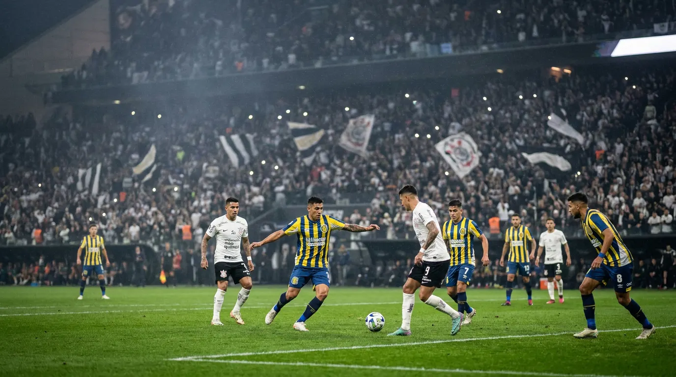Pedro Raul comemorando gol na Neo Química Arena pela Copa Libertadores 2026 — Corinthians x Rosario Central