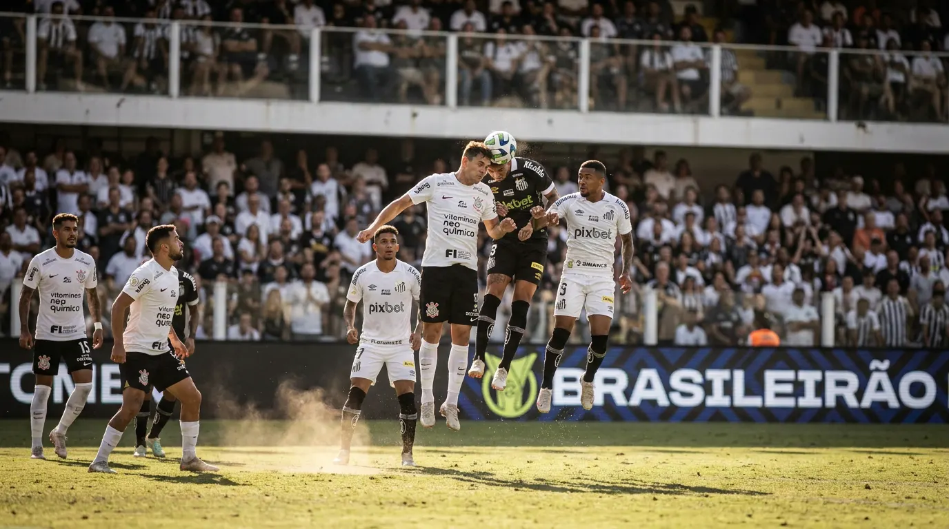 Neymar e jogador do Corinthians em disputa de bola no Clássico Alvinegro na Neo Química Arena pelo Brasileirão 2026