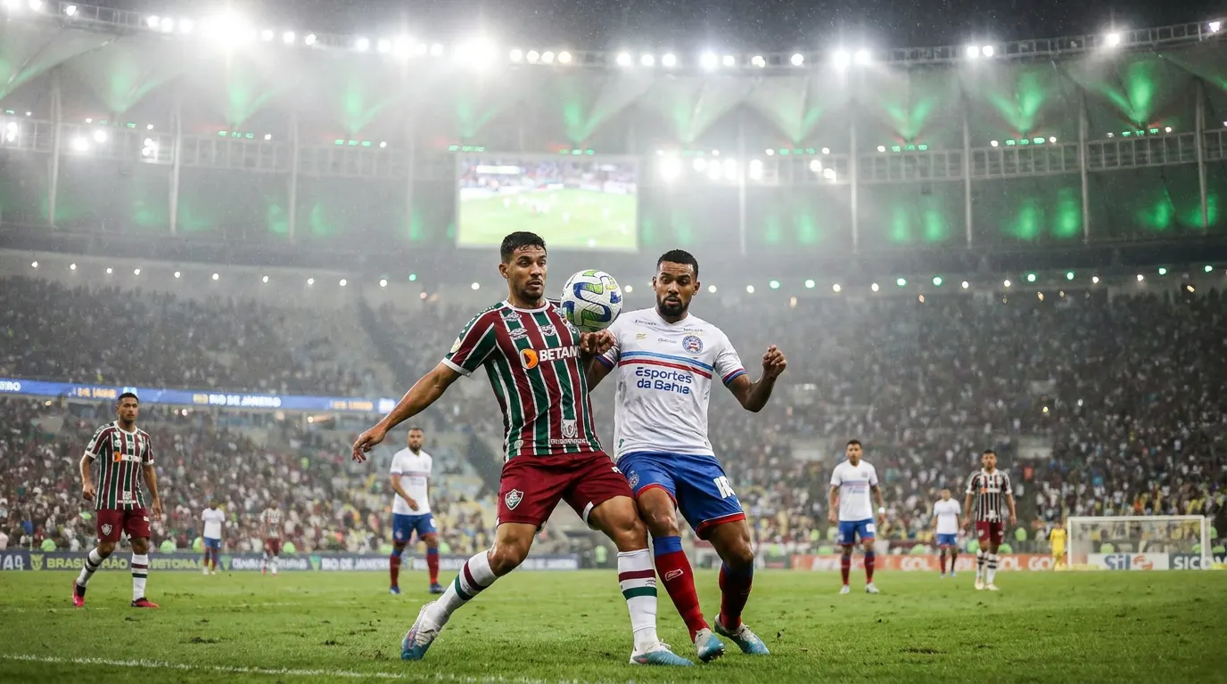 Jogadores do Fluminense celebram gol no Estádio do Maracanã durante jogo do Brasileirão 2026