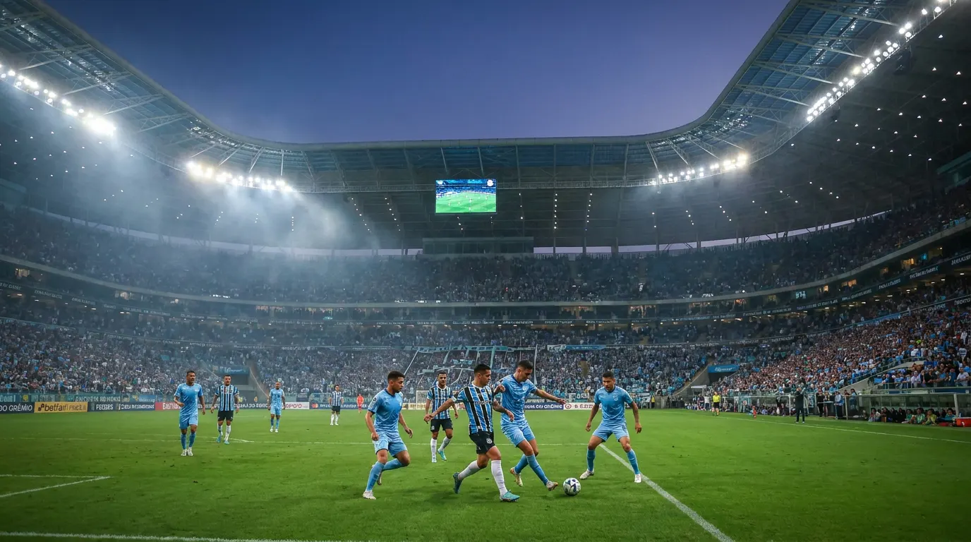 Grêmio comemorando gol na Arena do Grêmio durante playoffs da Copa Sul-Americana 2026
