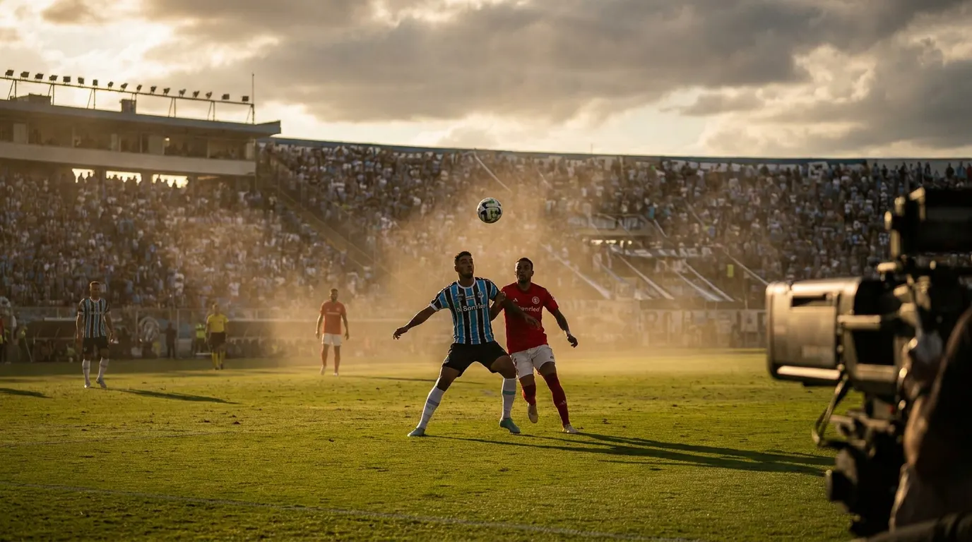 Arena do Grêmio lotada no Gre-Nal 455 pela 30ª rodada do Brasileirão 2026, disputa de bola entre jogadores de Grêmio e Internacional