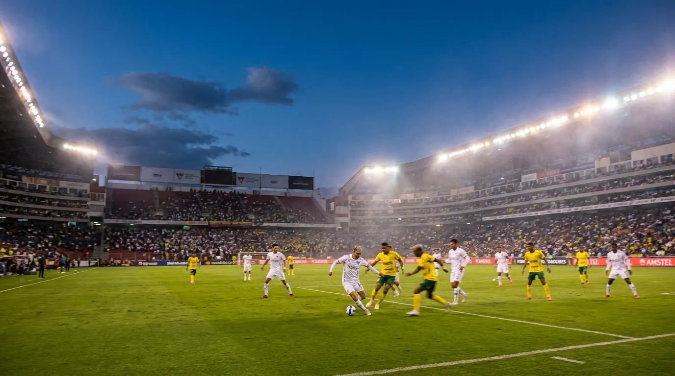Estádio Rodrigo Paz Delgado em Quito iluminado durante jogo de volta das oitavas de final da Libertadores 2026 entre LDU Quito e Mirassol
