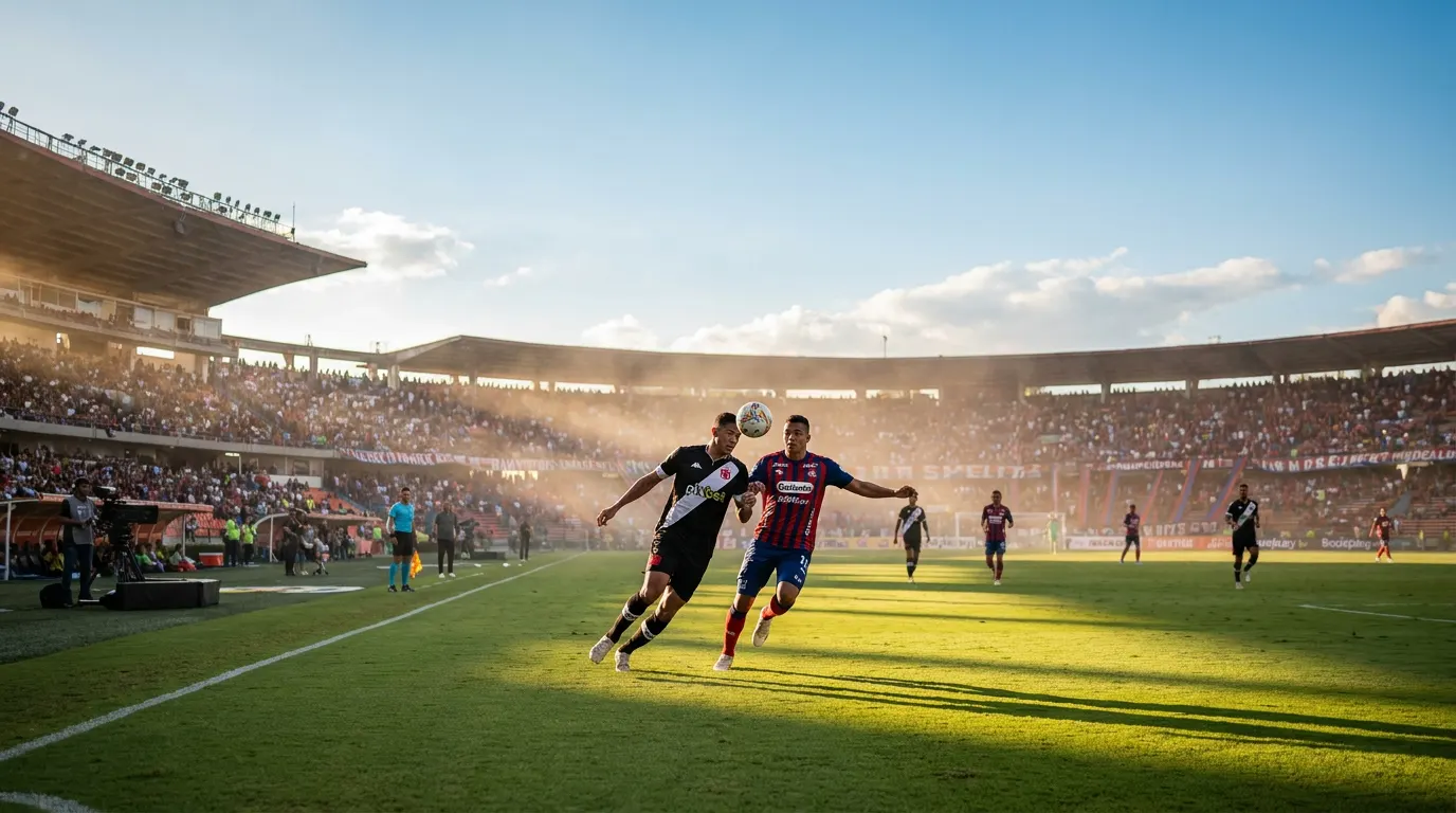 Jogadores do Medellín e Vasco da Gama em disputa no Estadio Atanasio Girardot pelos playoffs da Copa Sul-Americana 2026