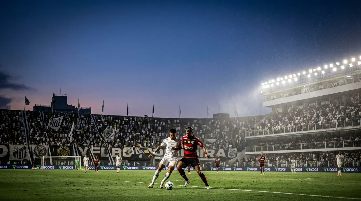 Gabigol comemorando gol pelo Santos na Vila Belmiro no Brasileirão 2026 contra o Flamengo