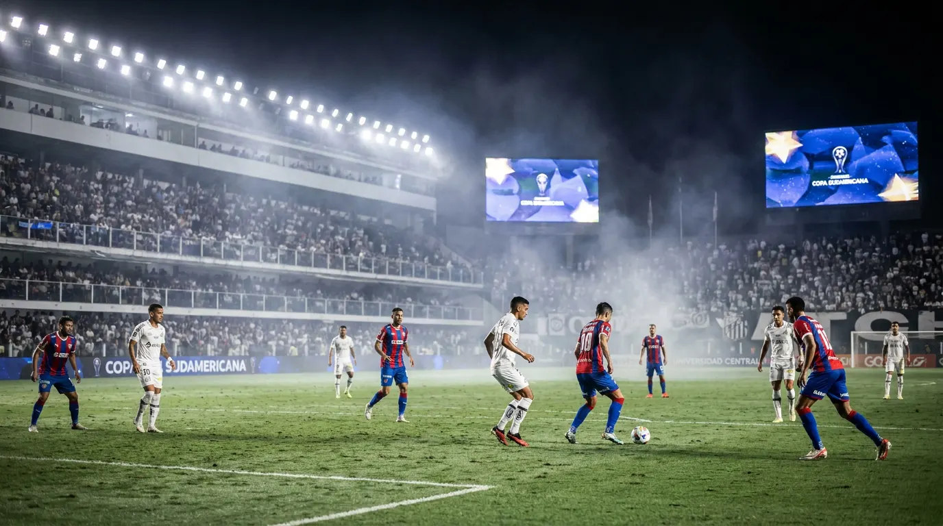 Rony celebra gol pelo Santos na Vila Belmiro durante jogo da Copa Sul-Americana 2026 à noite