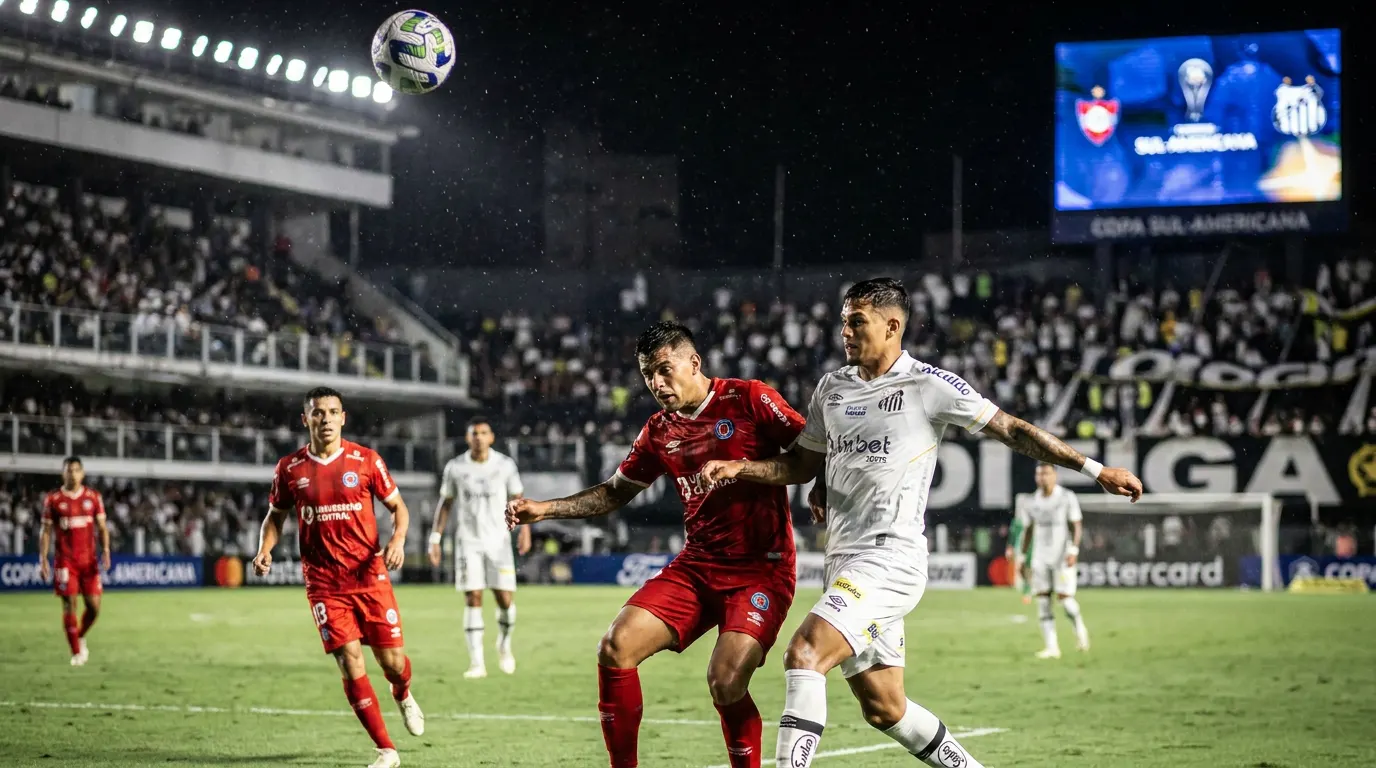 Jogador do Santos FC em ação pelo jogo de ida dos playoffs da Copa Sul-Americana 2026 contra o Universidad Central no Estádio Misael Delgado, Valência, Venezuela