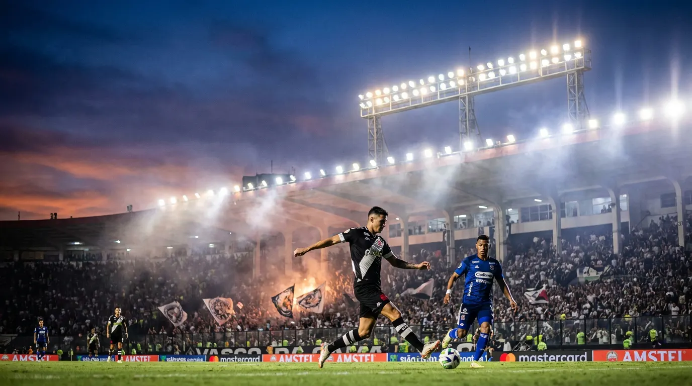 Jogador do Vasco celebrando gol em São Januário durante jogo da Copa Sul-Americana 2026