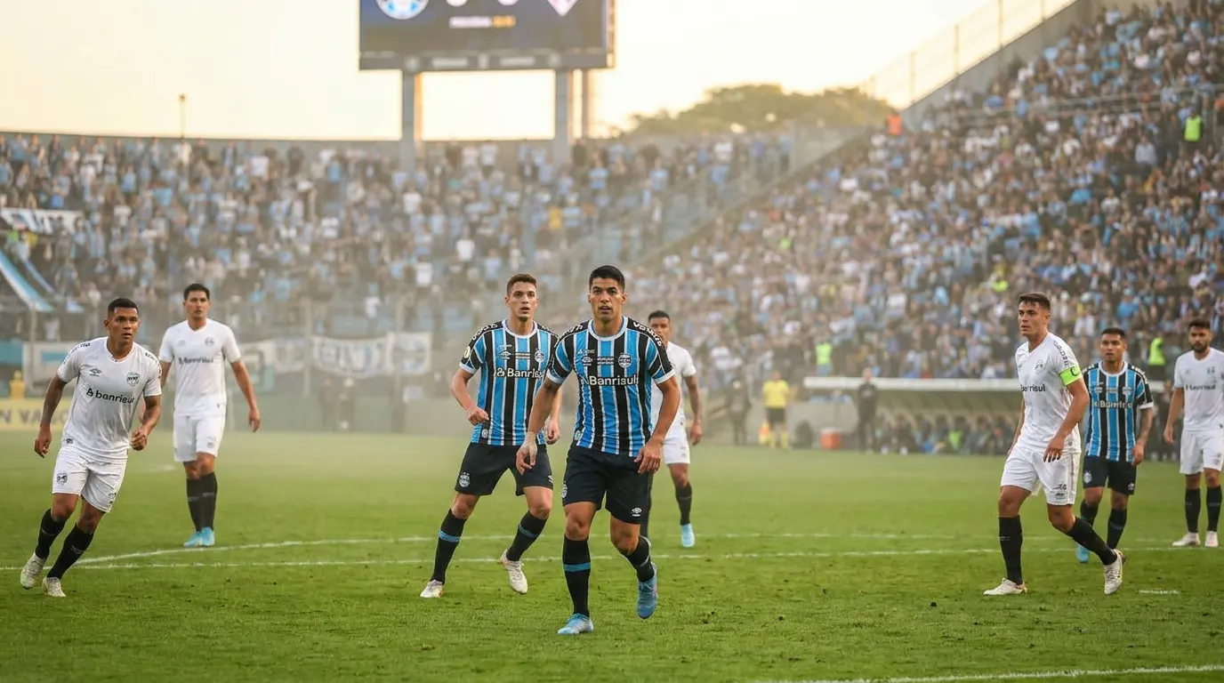 Estádio lotado durante partida da fase preliminar da Copa Libertadores à noite com iluminação dramática