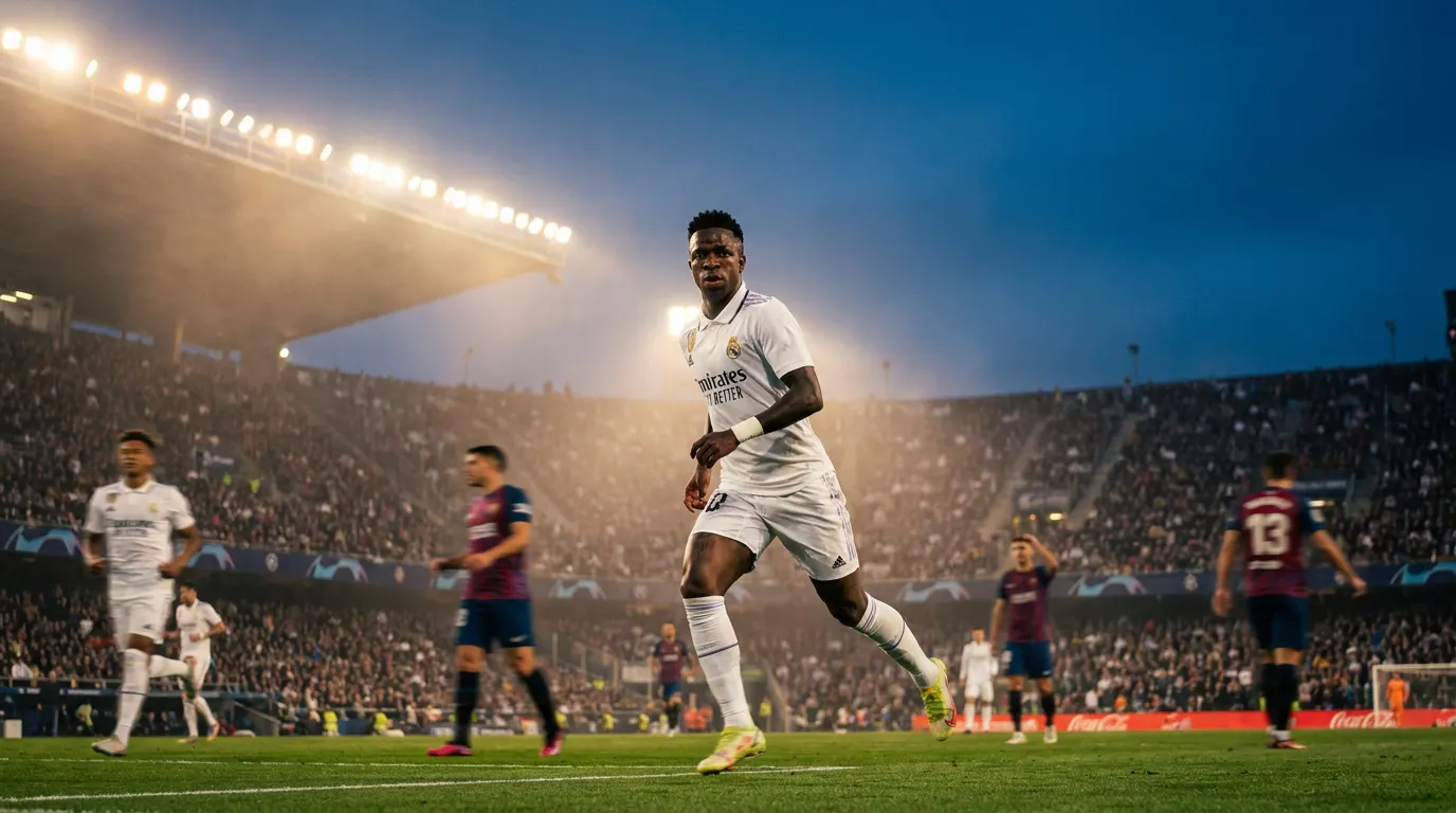Vinícius Júnior celebrando gol no Bernabéu com a camisa branca do Real Madrid — valor de mercado 2026