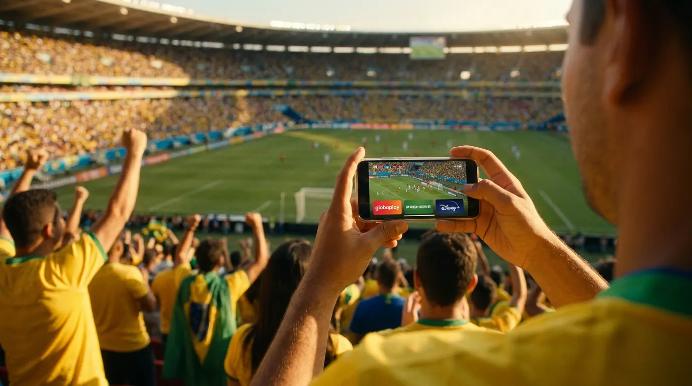 Torcedor assistindo futebol ao vivo no celular no estádio do Maracanã — melhores apps para futebol em 2026