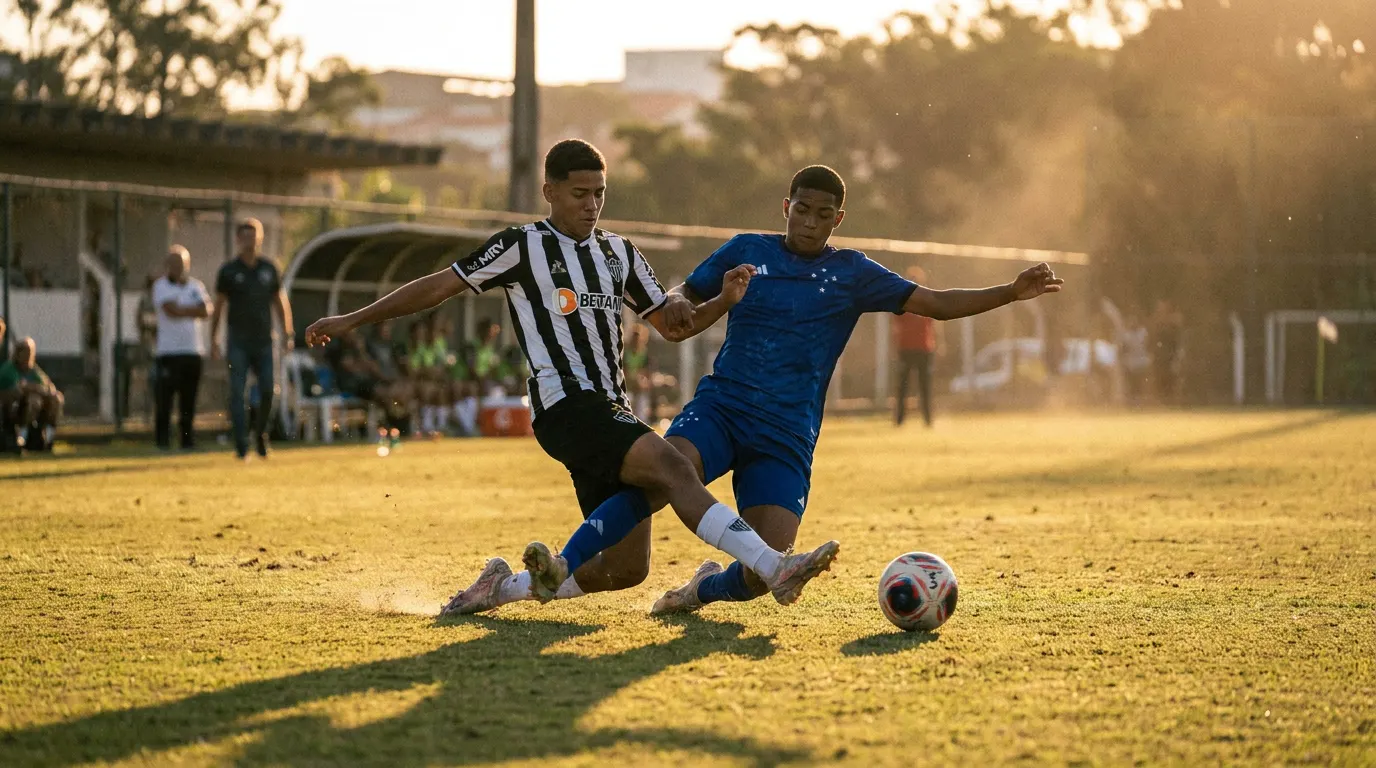 Disputa de bola entre jogadores do Atlético-MG e Cruzeiro no Brasileirão Sub-17 2026 - clássico mineiro das categorias de base