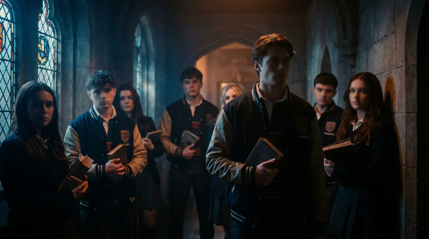 Nancy Surridge e Conor Sánchez como Shannon e Johnny no campus do Tommen College — série Boys of Tommen do Prime Video