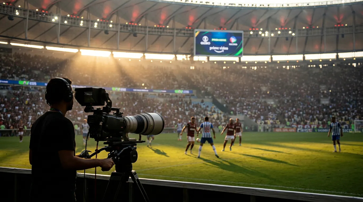 Estádio lotado durante partida do Brasileirão 2026 Série A com câmeras de transmissão em evidência