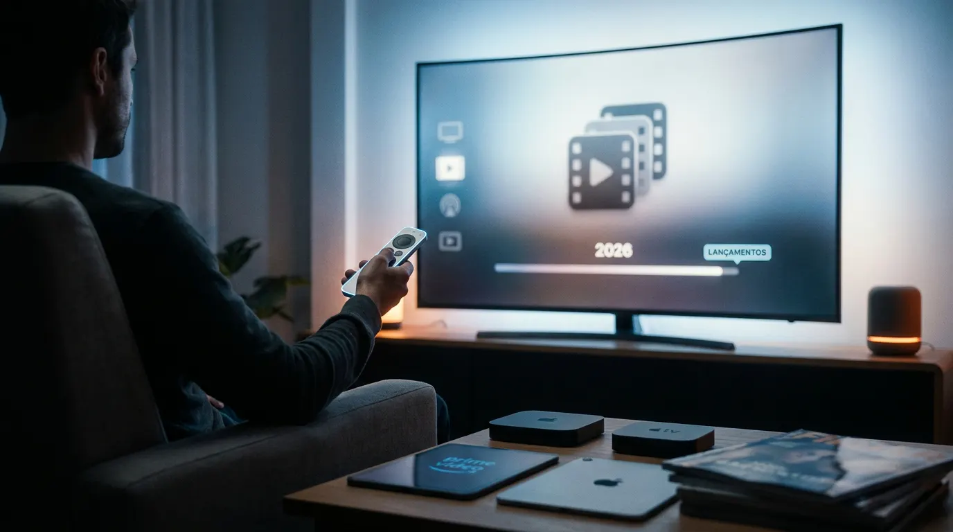 Pessoa assistindo lançamento de filme em streaming no sofá com TV 4K em sala escura — onde assistir filmes online em 2026