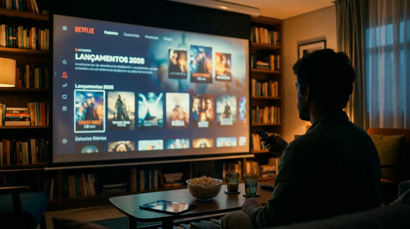 Pessoa assistindo a lançamento de filme online em casa pela TV com streaming em 2026