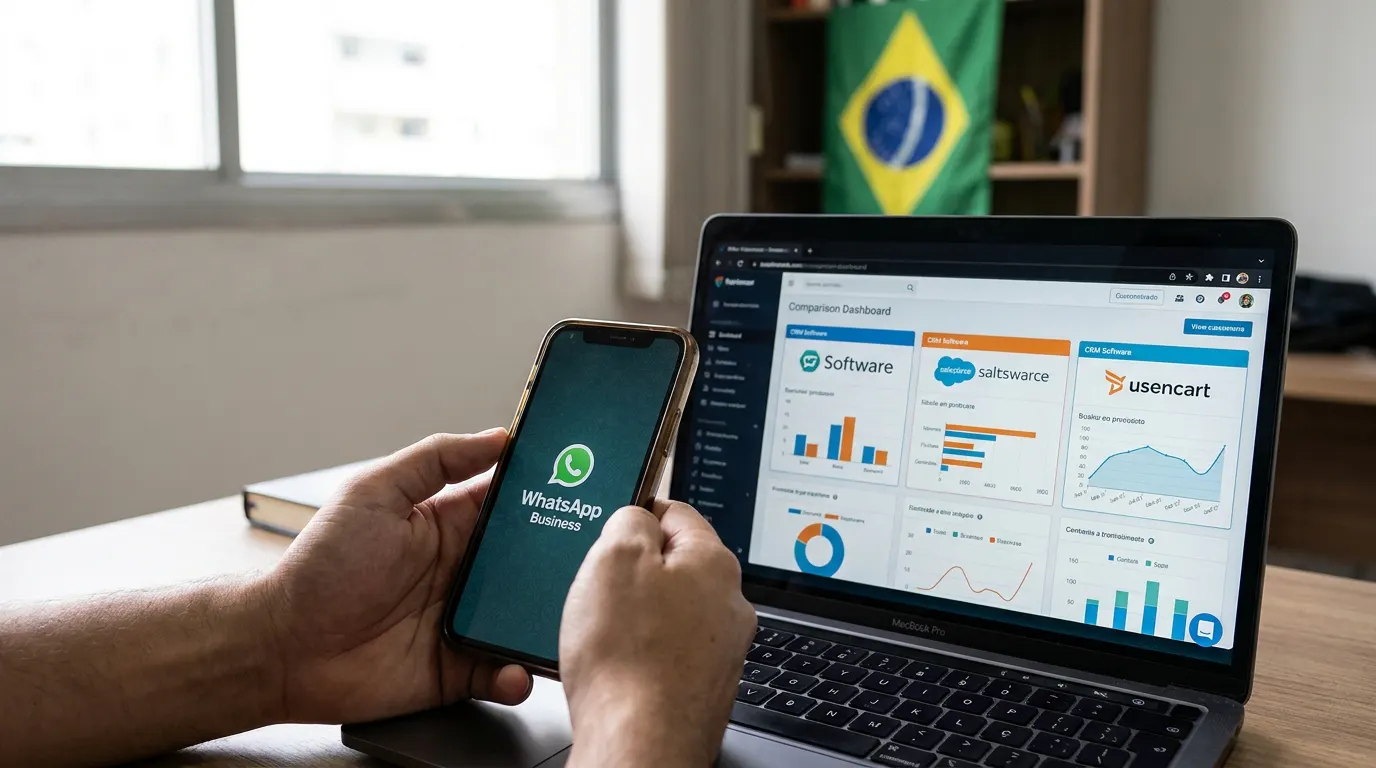 Tela de CRM integrado ao WhatsApp Business em computador de PME brasileira