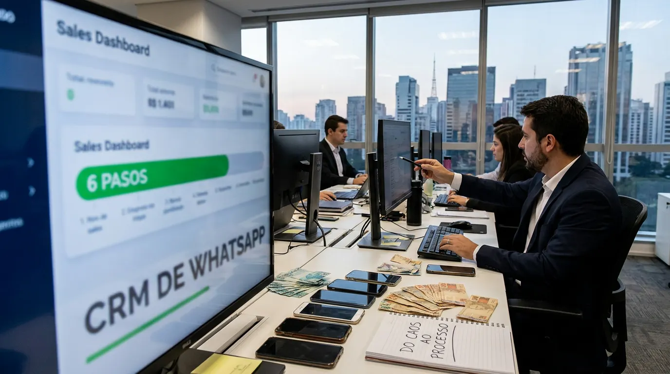 Empresário brasileiro analisando pipeline de CRM para WhatsApp em escritório moderno de São Paulo