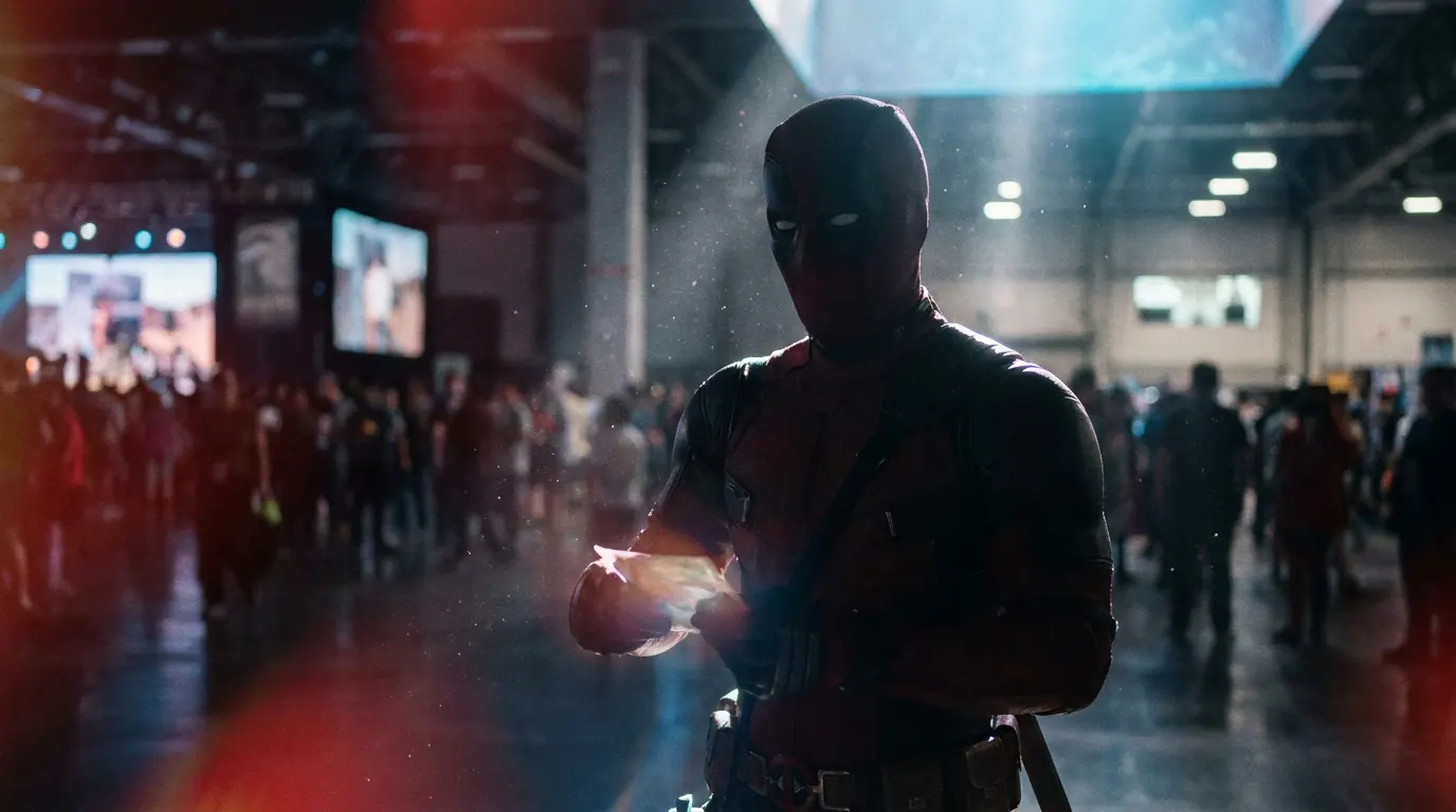 Ryan Reynolds como Deadpool com traje vermelho e preto no palco do Fanatics Fest 2026