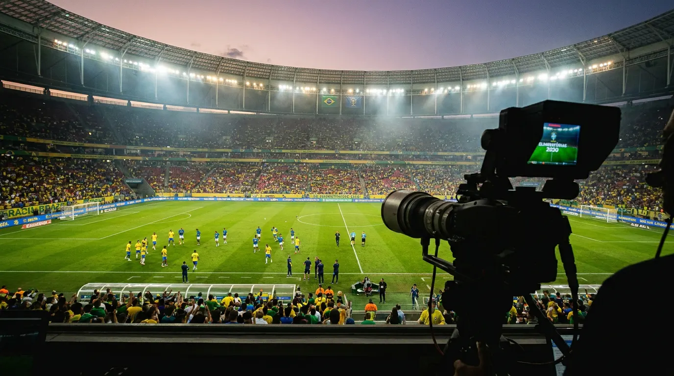 Seleção Brasileira comemorando gol nas Eliminatórias para a Copa do Mundo 2030 com Carlo Ancelotti ao fundo