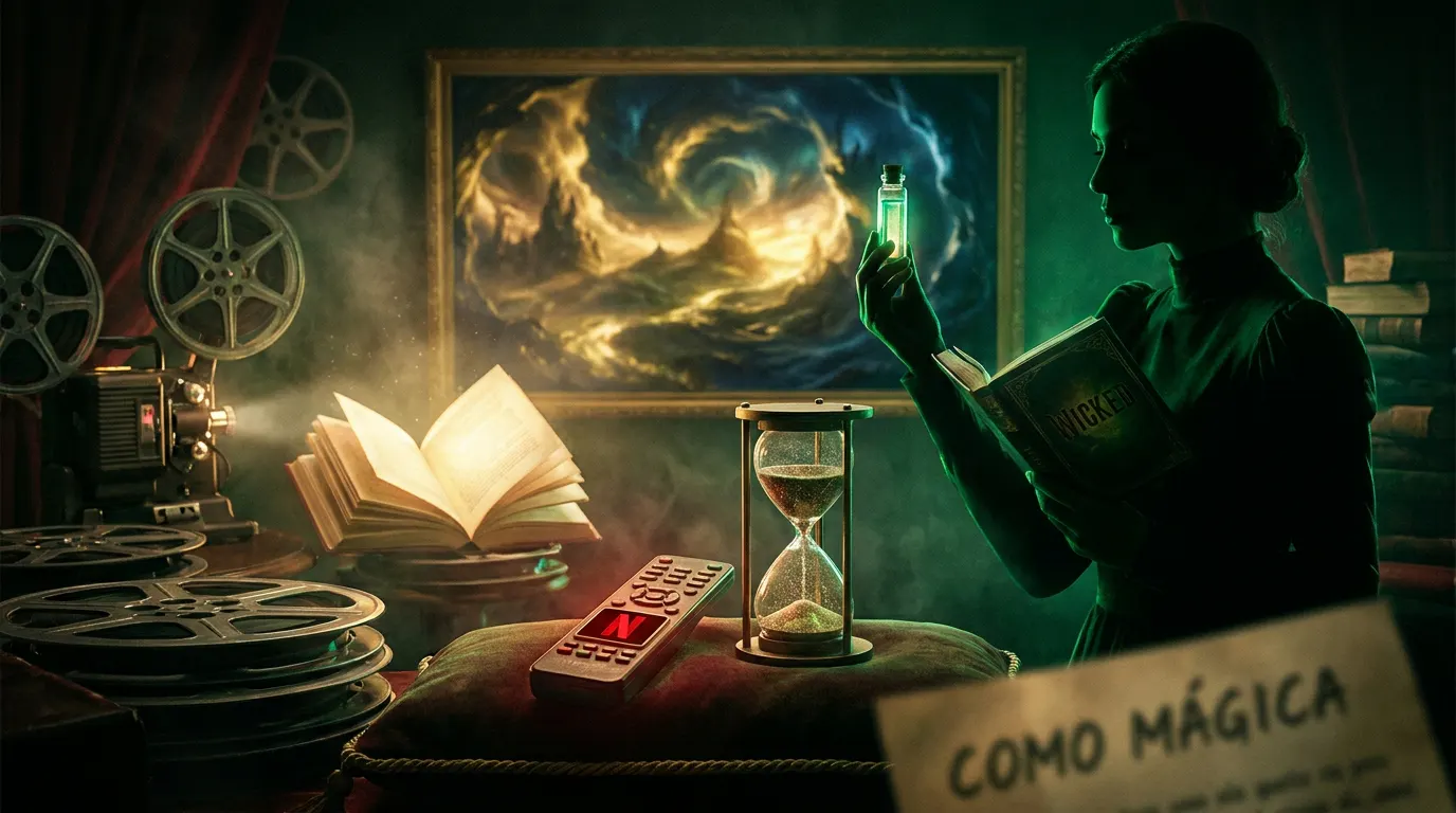 Colagem cinematográfica com Cynthia Erivo como Elphaba de Wicked e cena animada de Como Mágica, os maiores filmes da Netflix em 2026
