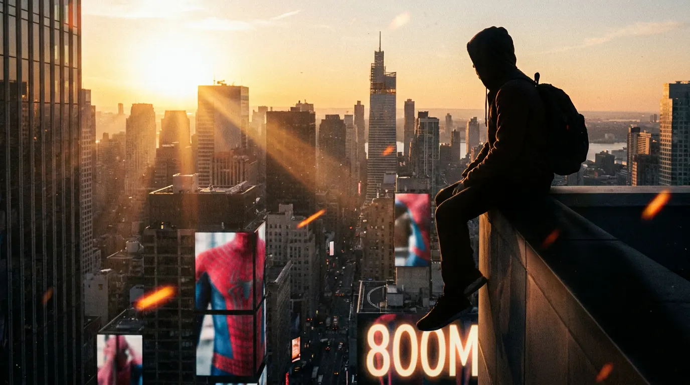 Tom Holland como Homem-Aranha balançando entre arranha-céus de Nova York no filme Um Novo Dia, recorde de bilheteria de 2026