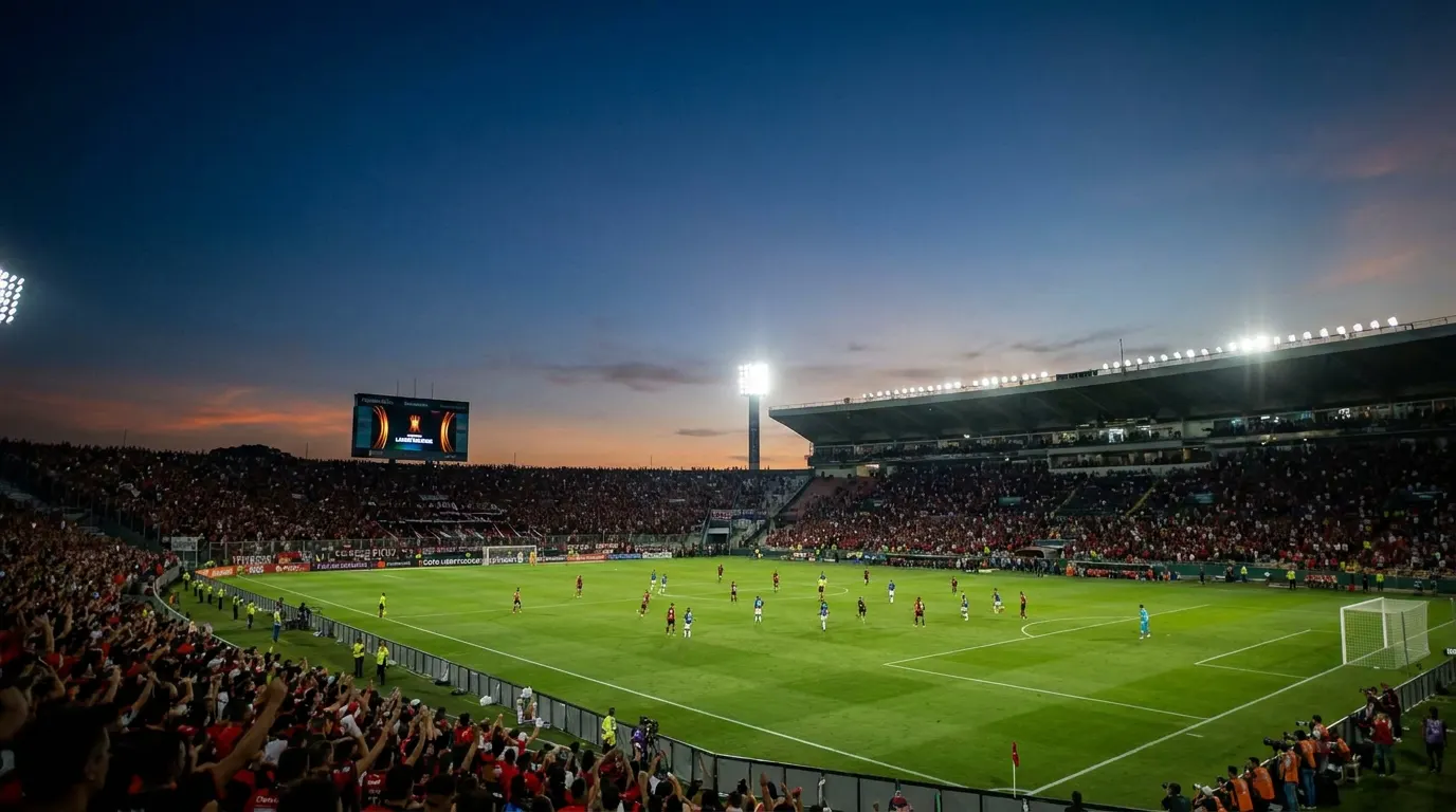 Troféu da Copa Libertadores iluminado em estádio sul-americano lotado, representando o formato com 32 times na fase de grupos