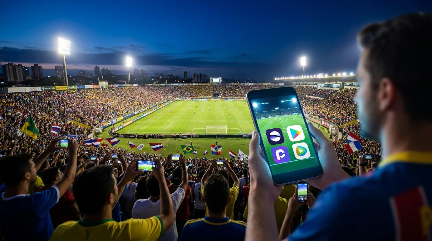 Torcedor brasileiro assistindo futebol ao vivo pelo celular com app de streaming em 2026