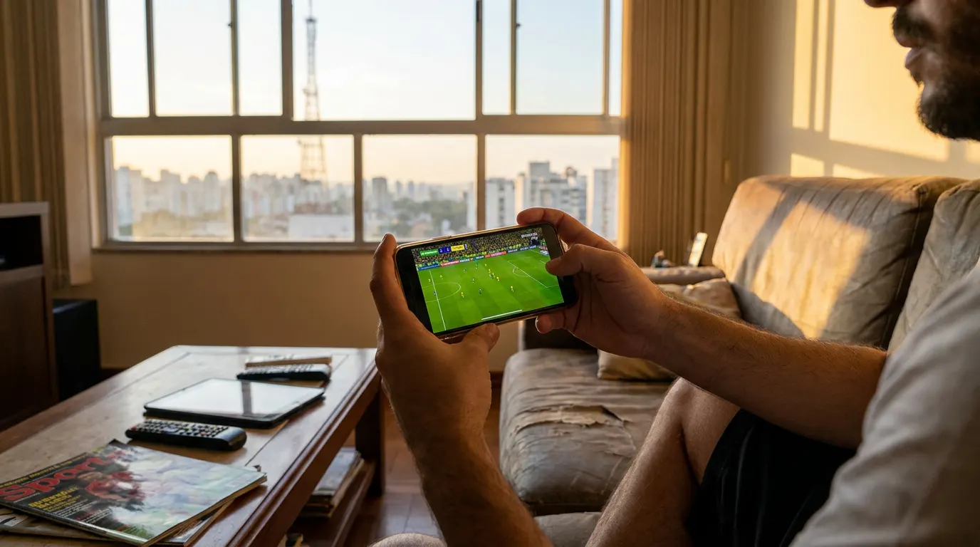 Torcedor assistindo futebol ao vivo pelo celular no Maracanã — melhores apps de streaming de futebol em 2026