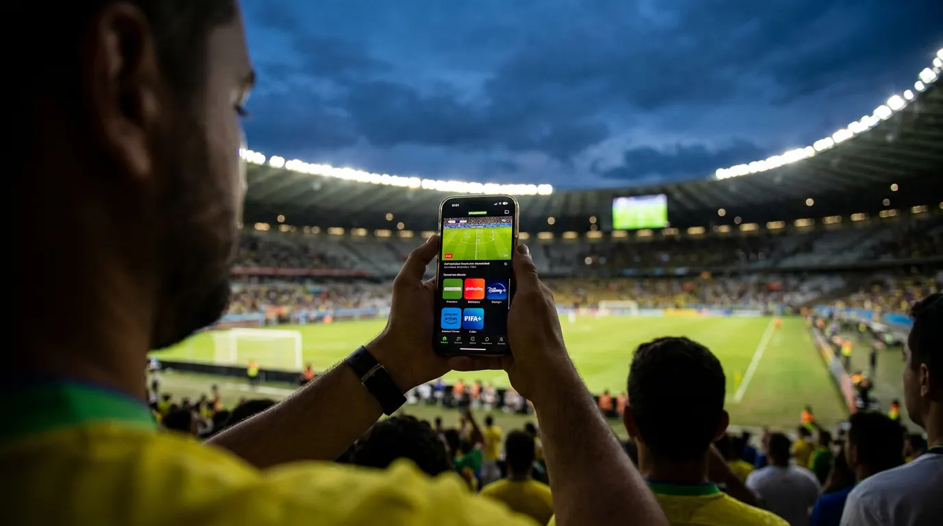 Torcedor brasileiro assistindo futebol ao vivo no celular no estádio Maracanã durante o Brasileirão 2026