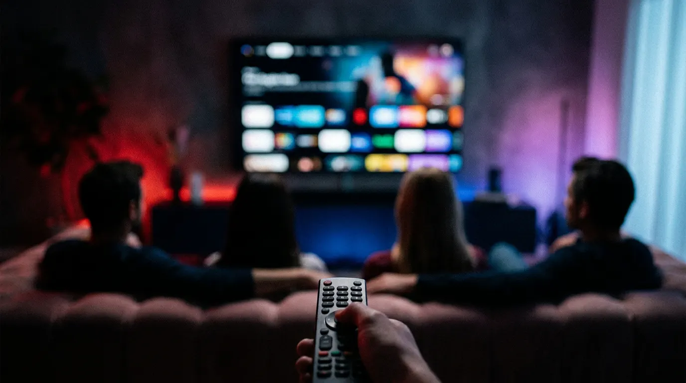 Comparativo de streamings 2026: Netflix, Prime Video, Disney+ e Max em telas iluminadas em sala de estar moderna