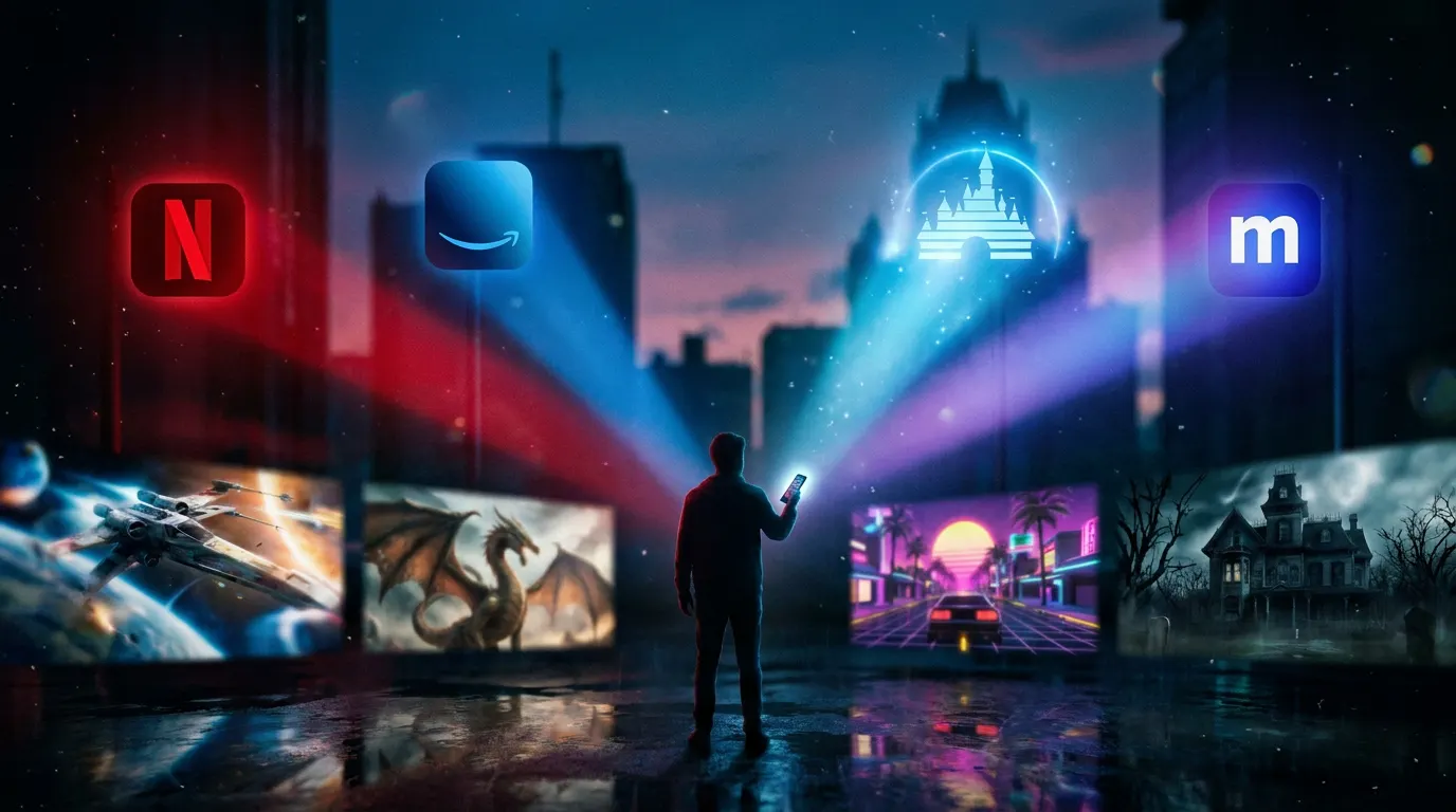 Quatro smartphones mostrando os logos de Netflix, Prime Video, Disney+ e Max — comparativo dos melhores streamings de 2026