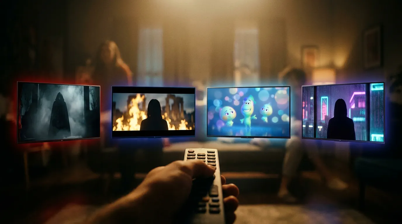 Comparativo visual de Netflix, Prime Video, Disney+ e Max em uma TV 4K — melhores streamings 2026