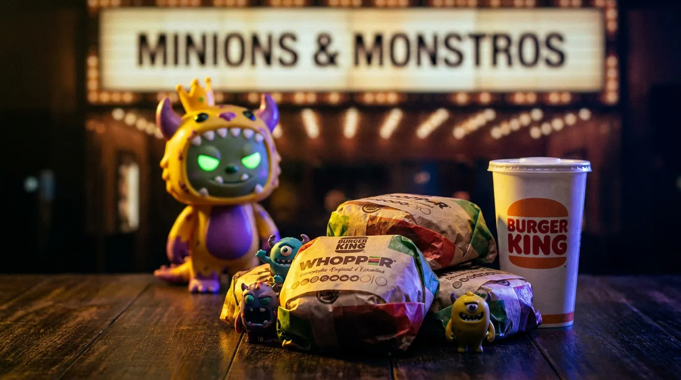 Minions fantasiados com trajes dos anos 1920 em frente a um cinema art déco iluminado, cenário de Minions & Monstros da Illumination