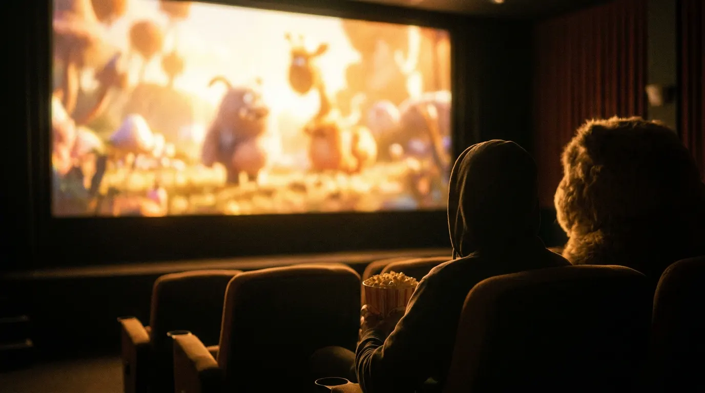 Três Minions fantasiados de equipe de filmagem dos anos 1920 em frente a um estúdio de Hollywood clássico — cena de Minions & Monstros 2026