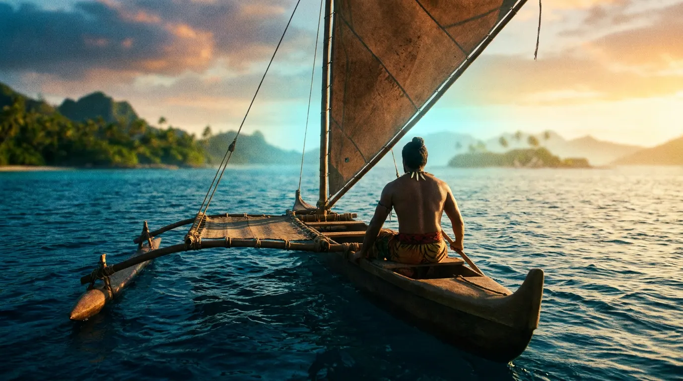 Catherine Laga'aia como Moana e Dwayne Johnson como Maui no live-action da Disney de 2026, em canoa polinésia ao pôr do sol