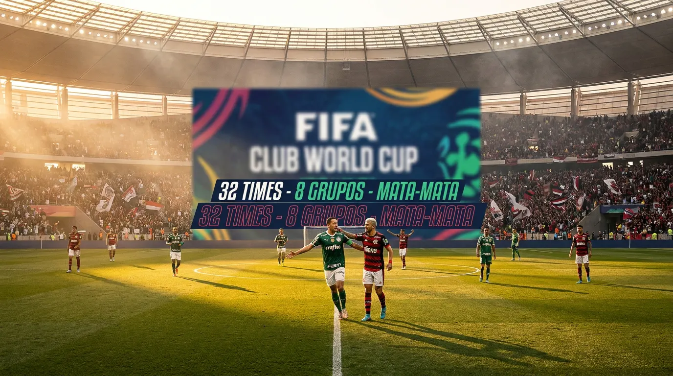 Clubes brasileiros no Mundial de Clubes da FIFA com troféu da competição em estádio americano