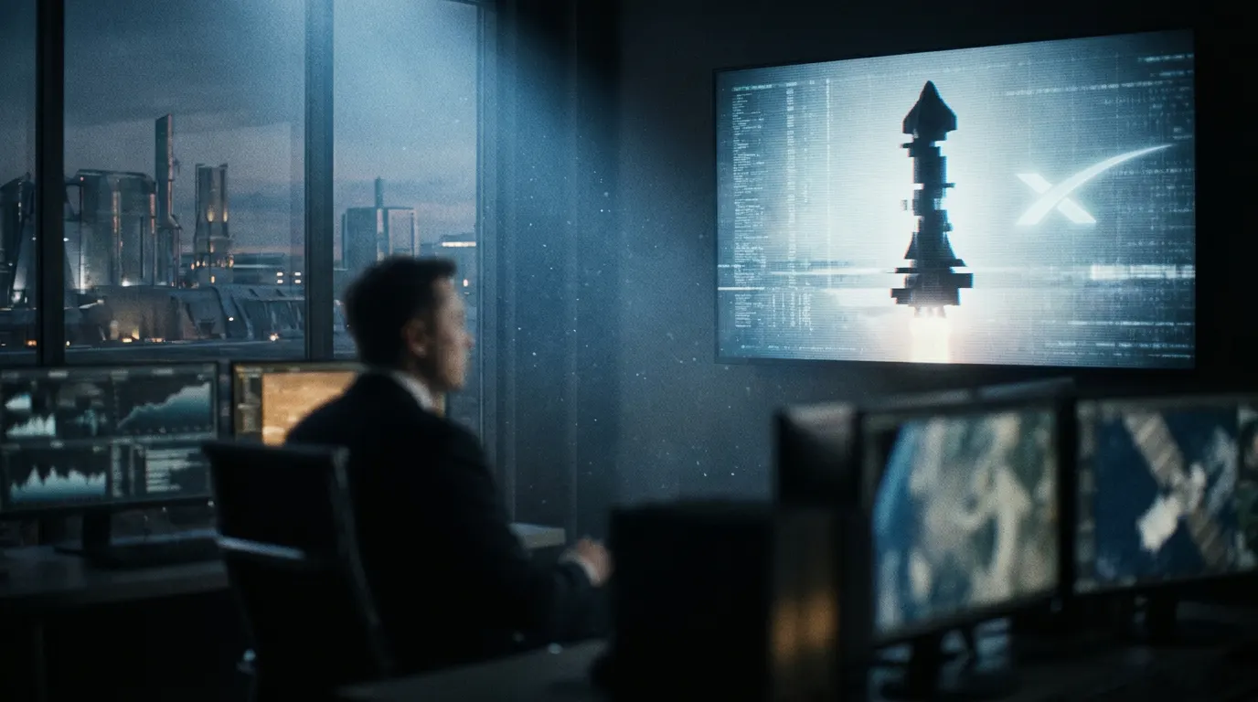 Cena dramática de documentário: homem em sala de reuniões iluminada por telas, estilo do documentário Musk de Alex Gibney (2026)