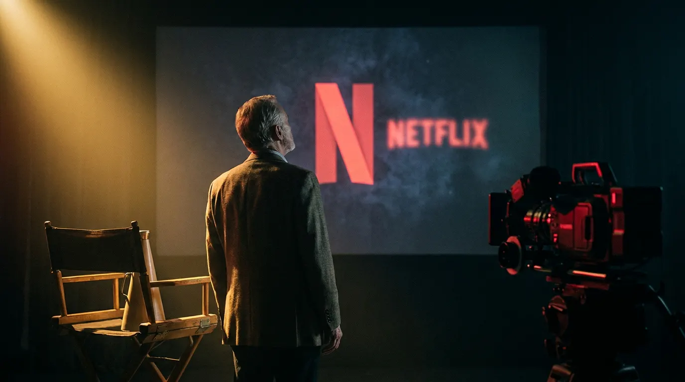 Dan Lin chefe de filmes da Netflix de braços cruzados diante do logo da plataforma, contrastando com sala de cinema vazia — simbolizando o conflito entre streaming e lançamento teatral