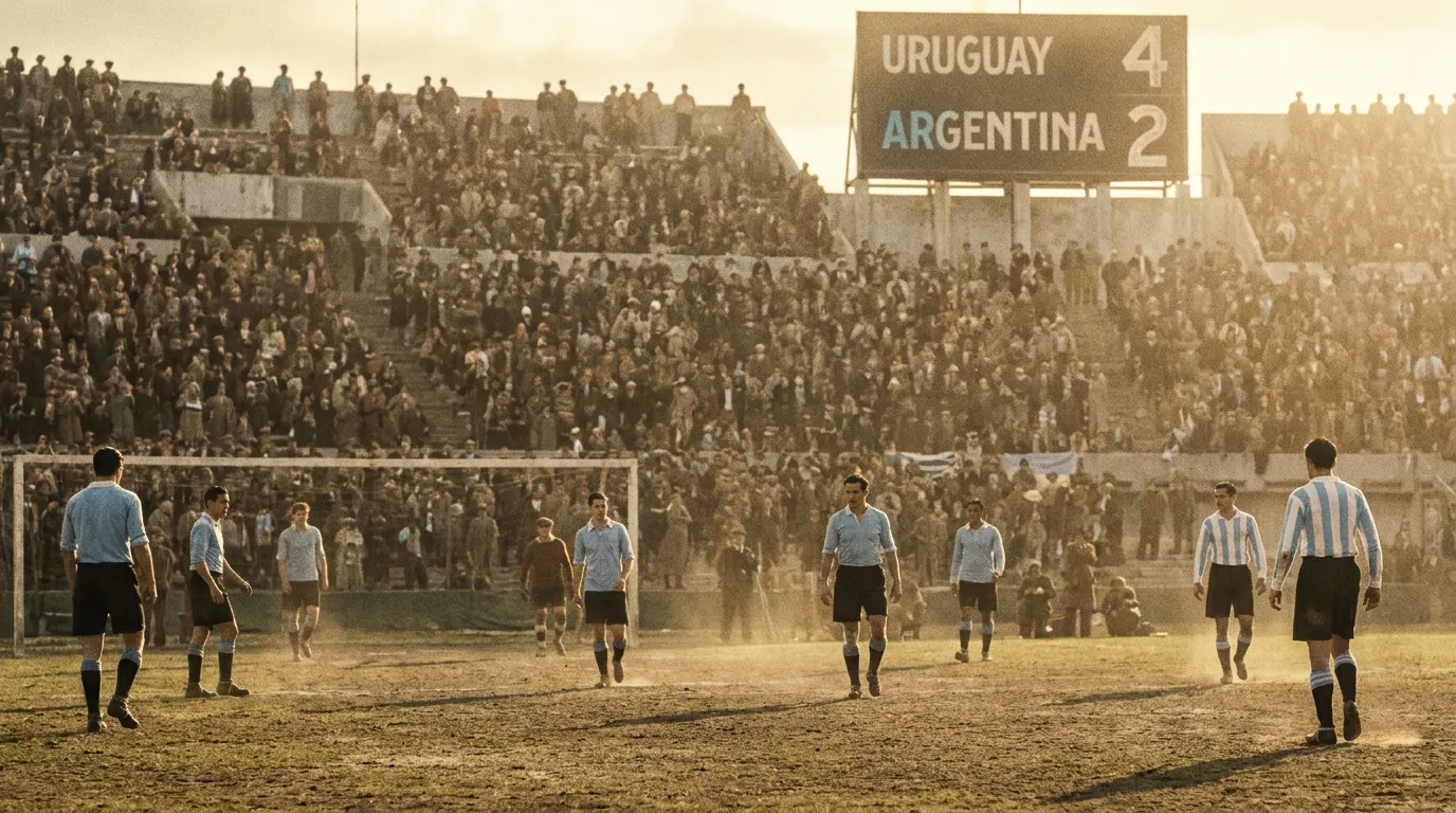 Estádio Centenário em Montevidéu lotado durante a final da primeira Copa do Mundo de 1930 entre Uruguai e Argentina