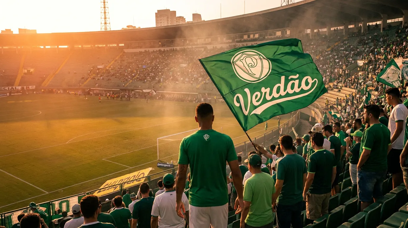 Allianz Parque lotado com torcida do Palmeiras em jogo do Brasileirão, bandeiras verdes e brancas ao fundo